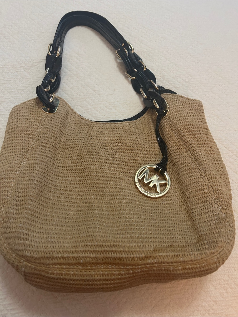 Michael Kors Tan Woven Shoulder Bag with Black Chain-Accent Handles